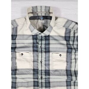 Kuhl Mens XL Short Sleeve Plaid Button Up Shirt Grey Blue Outdoor Hiking